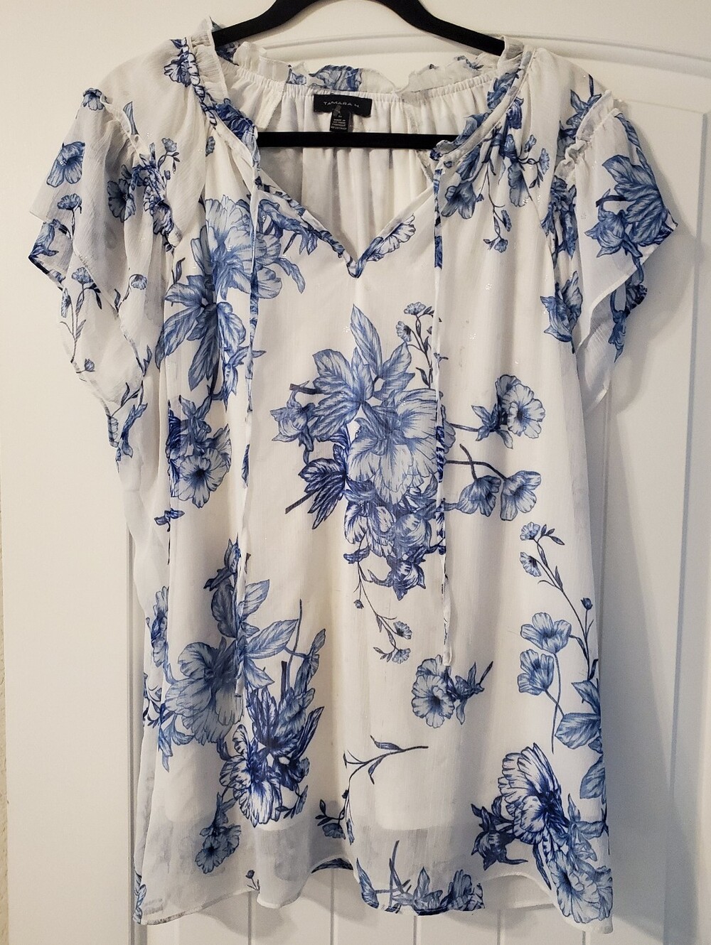 White and Blue Floral Women's Peasant Top